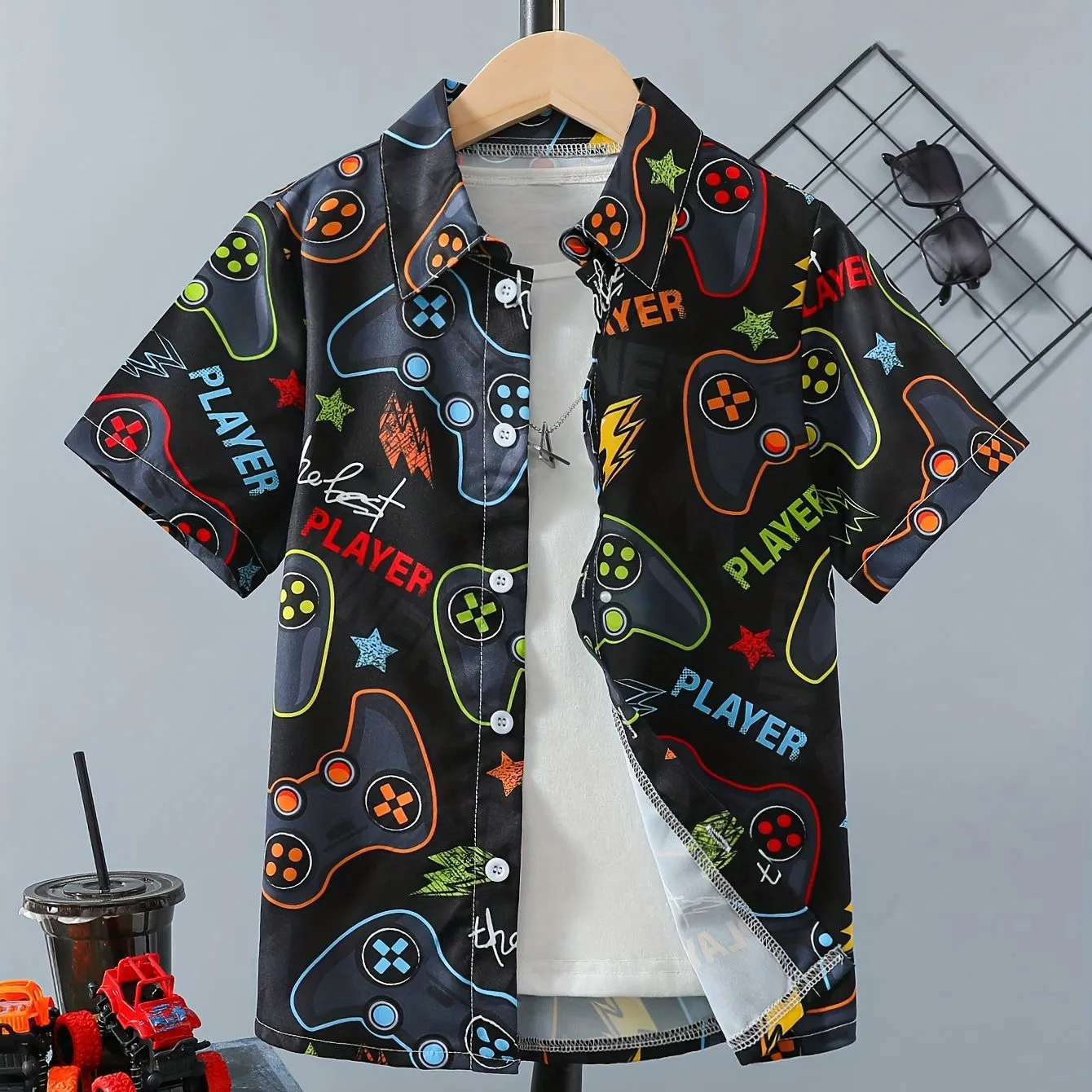 Boy's Gamepad Pattern Trendy Shirt