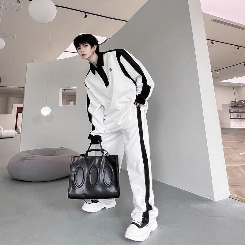Men Black White Color Contrast Tracksuit - Image 8