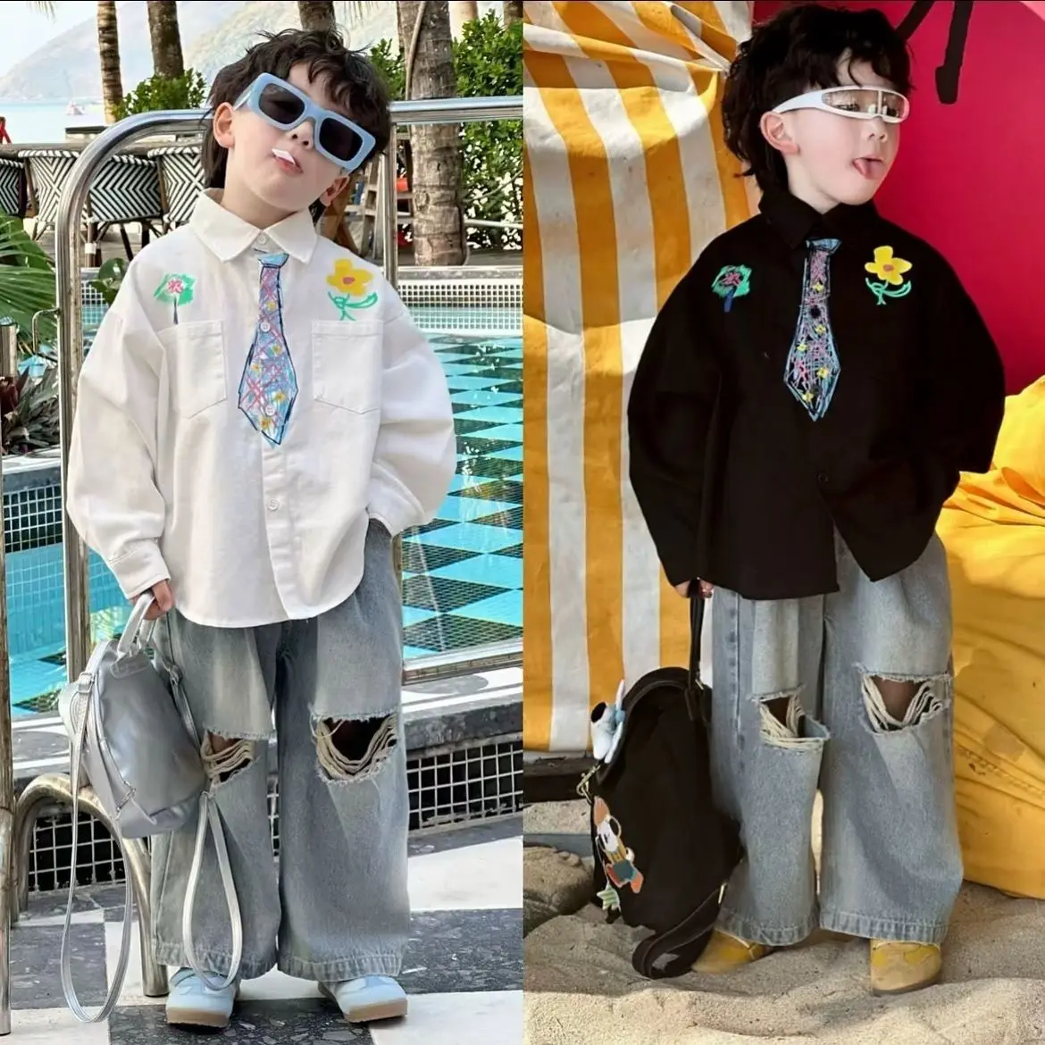 Fake Tie Shirt, Ripped Jeans 2-pcs Set