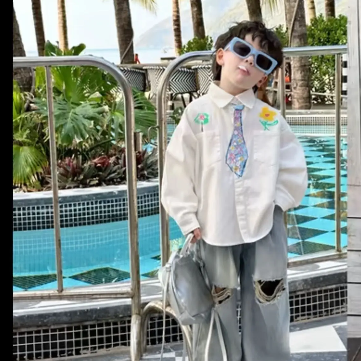 Fake Tie Shirt, Ripped Jeans 2-pcs Set - Image 4